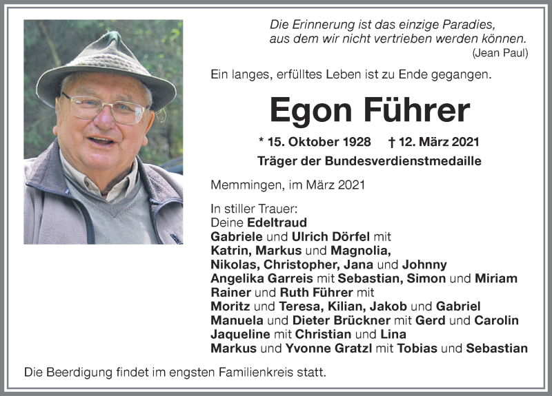  Traueranzeige für Egon Führer vom 17.03.2021 aus Memminger Zeitung