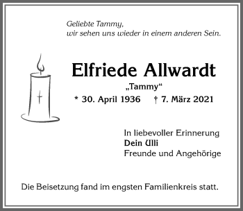 Traueranzeige von Elfriede Allwardt von Allgäuer Anzeigeblatt
