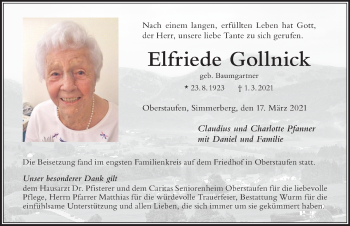 Traueranzeige von Elfriede Gollnick von Der Westallgäuer