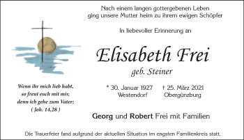 Traueranzeige von Elisabeth Frei von Allgäuer Zeitung, Kaufbeuren/Buchloe