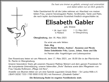 Traueranzeige von Elisabeth Gabler von Allgäuer Zeitung, Gesamtausgabe