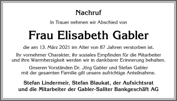 Traueranzeige von Elisabeth Gabler von Allgäuer Zeitung, Marktoberdorf