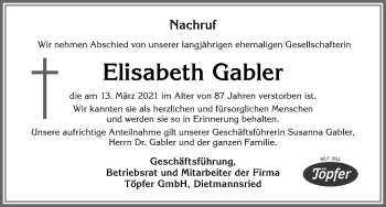 Traueranzeige von Elisabeth Gabler von Allgäuer Zeitung