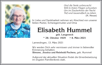 Traueranzeige von Elisabeth Hummel von Allgäuer Zeitung, Kaufbeuren/Buchloe
