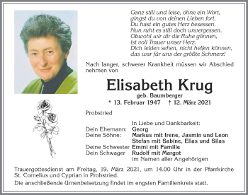 Traueranzeige von Elisabeth Krug von Allgäuer Zeitung,Kempten
