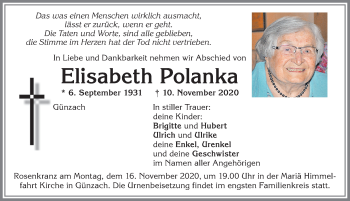 Traueranzeige von Elisabeth Polanka von Allgäuer Zeitung, Marktoberdorf