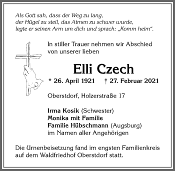 Traueranzeige von Elli Czech von Allgäuer Anzeigeblatt
