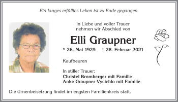 Traueranzeige von Elli Graupner von Allgäuer Zeitung, Kaufbeuren/Buchloe
