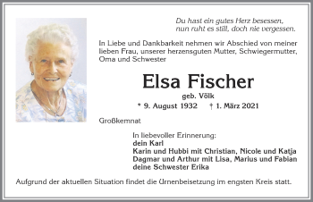 Traueranzeige von Elsa Fischer von Allgäuer Zeitung, Kaufbeuren/Buchloe