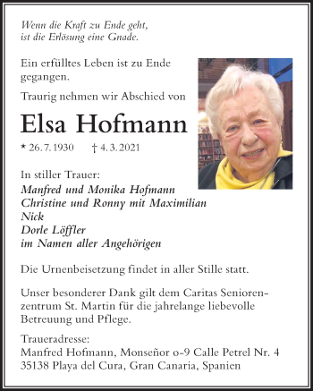Traueranzeige von Elsa Hofmann von Der Westallgäuer