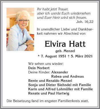 Traueranzeige von Elvira Hatt von Allgäuer Zeitung,Kempten