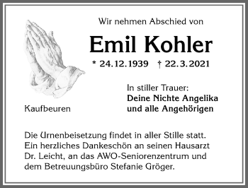 Traueranzeige von Emil Kohler von Allgäuer Zeitung, Kaufbeuren/Buchloe