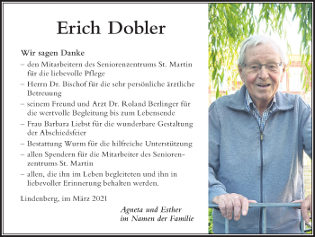 Traueranzeige von Erich Dobler von Der Westallgäuer