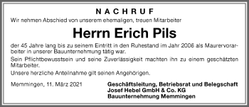 Traueranzeige von Erich Pils von Memminger Zeitung