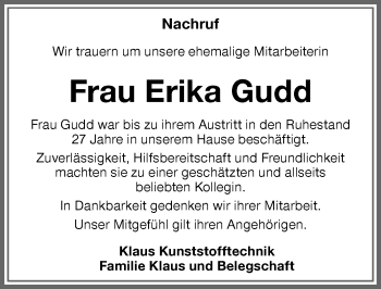Traueranzeige von Erika Gudd von Memminger Zeitung