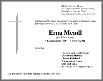 Traueranzeige von Erna Mendl von Allgäuer Zeitung,Kempten