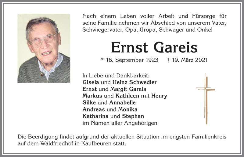  Traueranzeige für Ernst Gareis vom 24.03.2021 aus Allgäuer Zeitung, Kaufbeuren/Buchloe