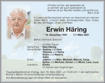 Traueranzeige von Erwin Häring von Memminger Zeitung