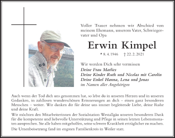 Traueranzeige von Erwin Kimpel von Der Westallgäuer