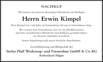 Traueranzeige von Erwin Kimpel von Der Westallgäuer