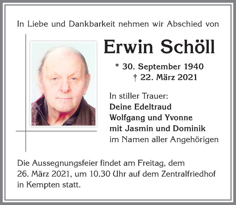  Traueranzeige für Erwin Schöll vom 24.03.2021 aus Allgäuer Zeitung,Kempten
