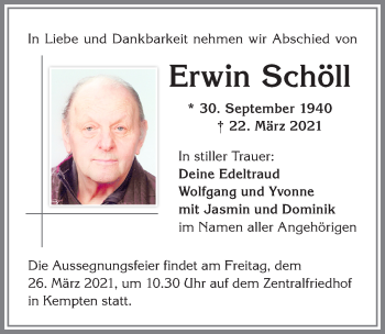 Traueranzeige von Erwin Schöll von Allgäuer Zeitung,Kempten