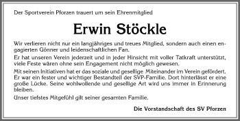 Traueranzeige von Erwin Stöckle von Allgäuer Zeitung, Kaufbeuren/Buchloe