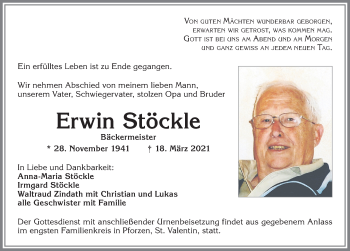 Traueranzeige von Erwin Stöckle von Allgäuer Zeitung, Kaufbeuren/Buchloe
