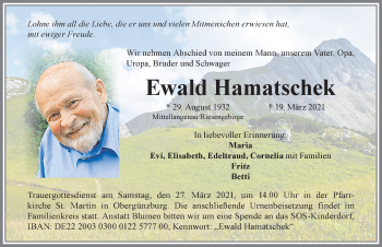Traueranzeige von Ewald Hamatschek von Allgäuer Zeitung, Marktoberdorf