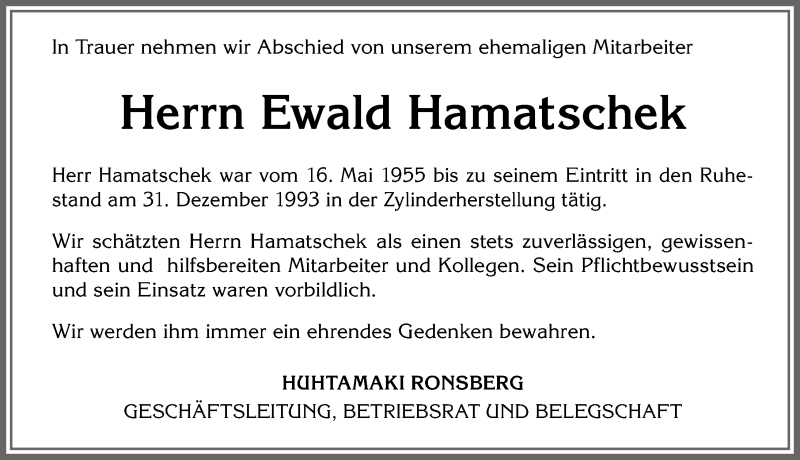  Traueranzeige für Ewald Hamatschek vom 27.03.2021 aus Allgäuer Zeitung, Marktoberdorf