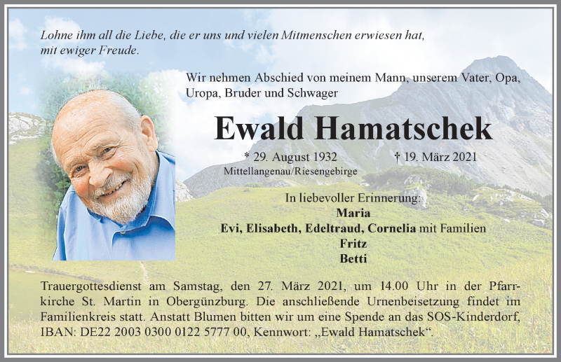  Traueranzeige für Ewald Hamatschek vom 25.03.2021 aus Allgäuer Zeitung, Marktoberdorf