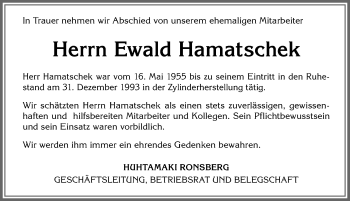 Traueranzeige von Ewald Hamatschek von Allgäuer Zeitung, Marktoberdorf