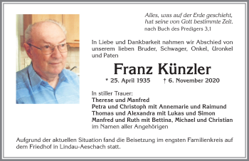 Traueranzeige von Franz Künzler von Allgäuer Anzeigeblatt