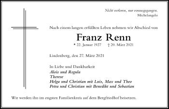 Traueranzeige von Franz Renn von Der Westallgäuer