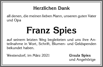 Traueranzeige von Franz Spies von Allgäuer Zeitung, Kaufbeuren/Buchloe