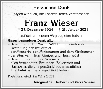Traueranzeige von Franz Wieser von Allgäuer Zeitung,Kempten