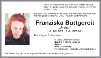 Traueranzeige von Franziska Buttgereit von Memminger Zeitung
