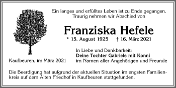 Traueranzeige von Franziska Hefele von Allgäuer Zeitung, Kaufbeuren/Buchloe