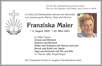 Traueranzeige von Franziska Maier von Allgäuer Anzeigeblatt