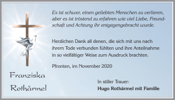 Traueranzeige von Franziska Rothärmel von Allgäuer Zeitung, Füssen