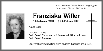 Traueranzeige von Franziska Willer von Allgäuer Zeitung, Kaufbeuren/Buchloe