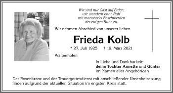 Traueranzeige von Frieda Kolb von Allgäuer Zeitung,Kempten