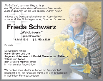 Traueranzeige von Frieda Schwarz von Memminger Zeitung