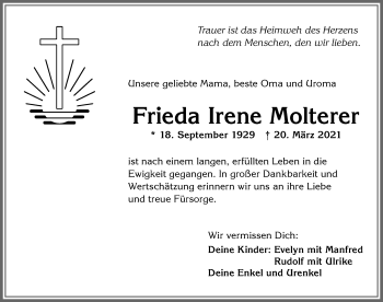 Traueranzeige von Frieda Irene Molterer von Allgäuer Zeitung,Kempten