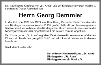 Traueranzeige von Georg Demmler von Allgäuer Zeitung, Kaufbeuren/Buchloe