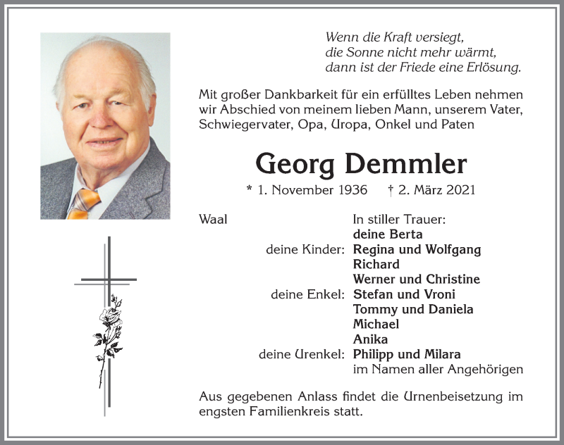  Traueranzeige für Georg Demmler vom 06.03.2021 aus Allgäuer Zeitung, Kaufbeuren/Buchloe