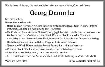 Traueranzeige von Georg Demmler von Allgäuer Zeitung, Kaufbeuren/Buchloe