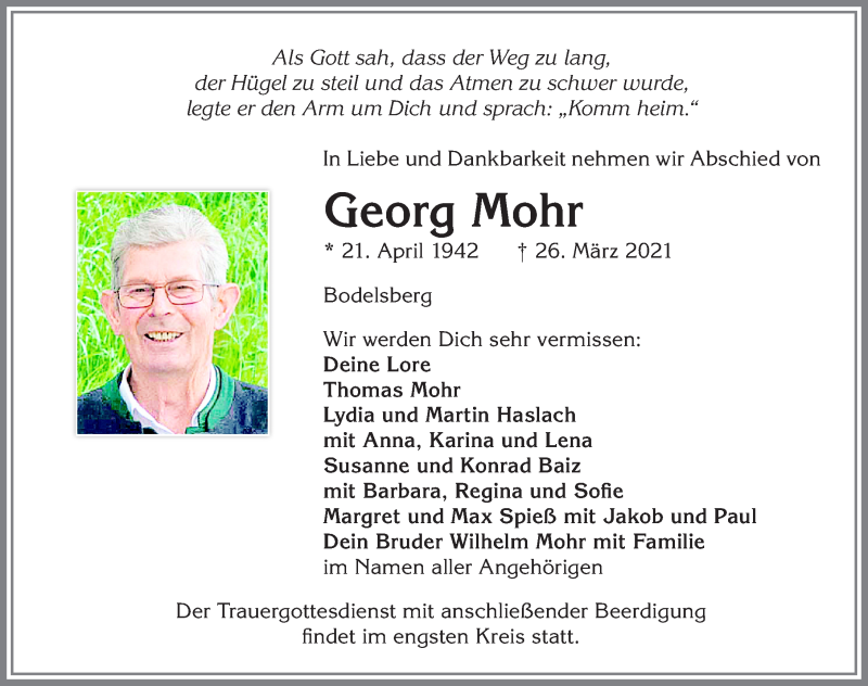  Traueranzeige für Georg Mohr vom 29.03.2021 aus Allgäuer Zeitung,Kempten
