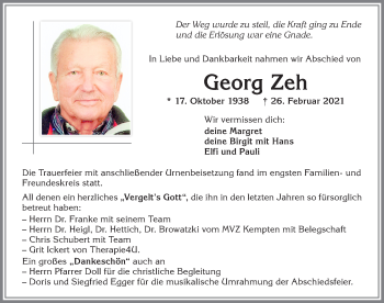 Traueranzeige von Georg Zeh von Allgäuer Zeitung,Kempten