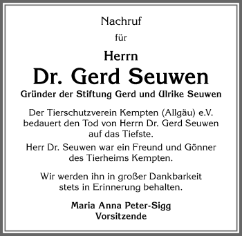 Traueranzeige von Gerd Seuwen von Allgäuer Zeitung,Kempten